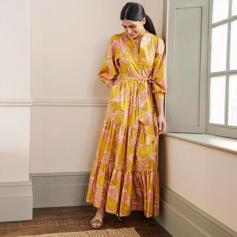 NWT Boden Ava Tiered Maxi Dress in Pineapple Print, Size 8P
